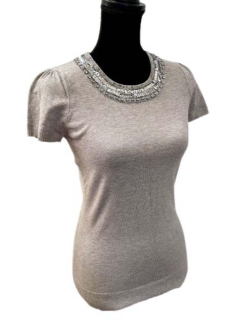INC International Concepts Beige Sweater Blouse Sequin Collar Puff Sleeve